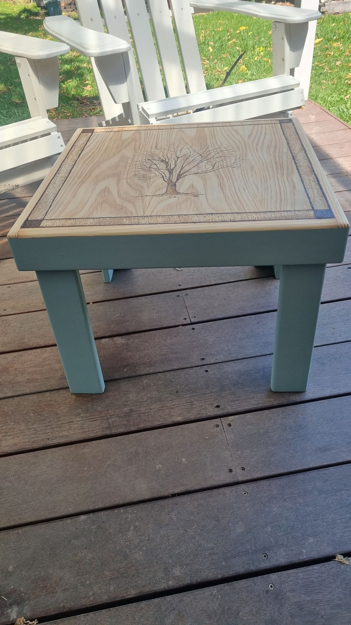 Pyrography designed upcycled tables and other objects available.