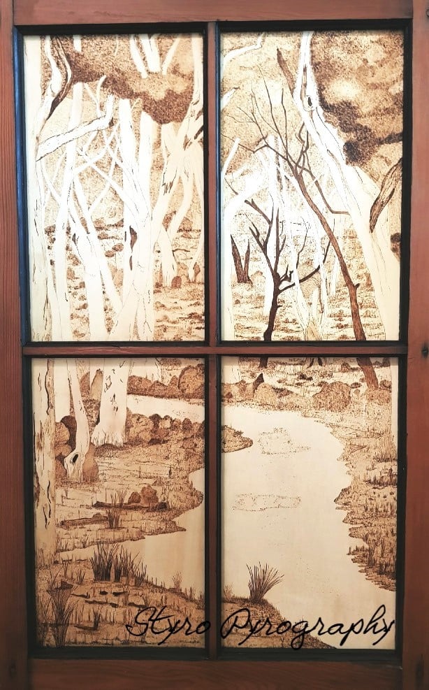 Reclaimed Cedar window frame depicting scene from a 4WD track north of Sunny Corner NSW.