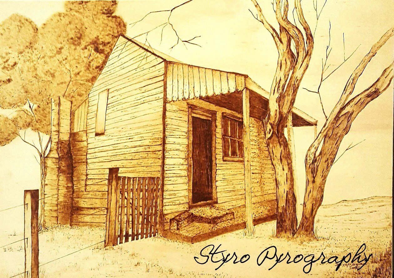 Pyrography onHoop Pine Ply. An historic site Berrima NSW